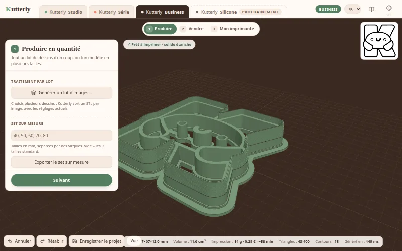 Kutterly Business: the tab open on the Produce sheet, with batch processing and custom sets.